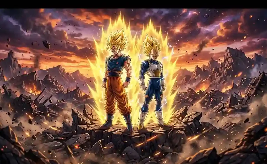 An anime-realism hybrid illustration of Goku and Vegeta standing back-to-back in Super Saiyan form with blazing golden auras on a crumbling, rocky battlefield under a dramatic sunset sky.
