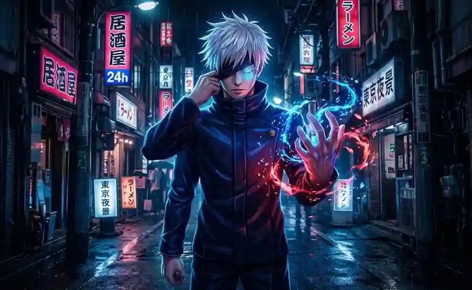 Cinematic 16:9 illustration of Gojo Satoru lowering his blindfold to reveal a glowing blue eye while red and blue cursed energy orbits his hand in a neon Tokyo alley.