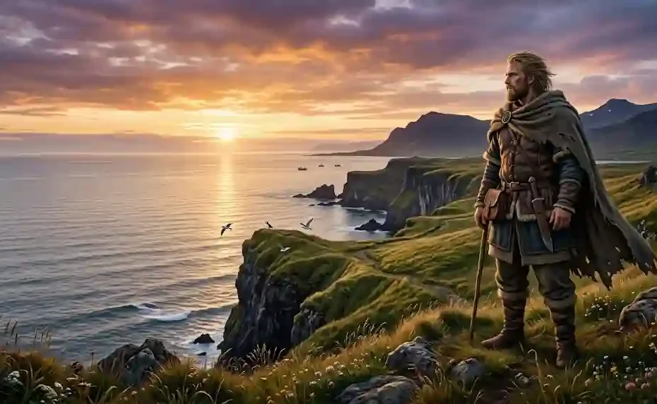 Cinematic 16:9 illustration of adult Thorfinn from Vinland Saga standing peacefully on a grassy Icelandic cliff top overlooking a calm ocean during a golden sunset.