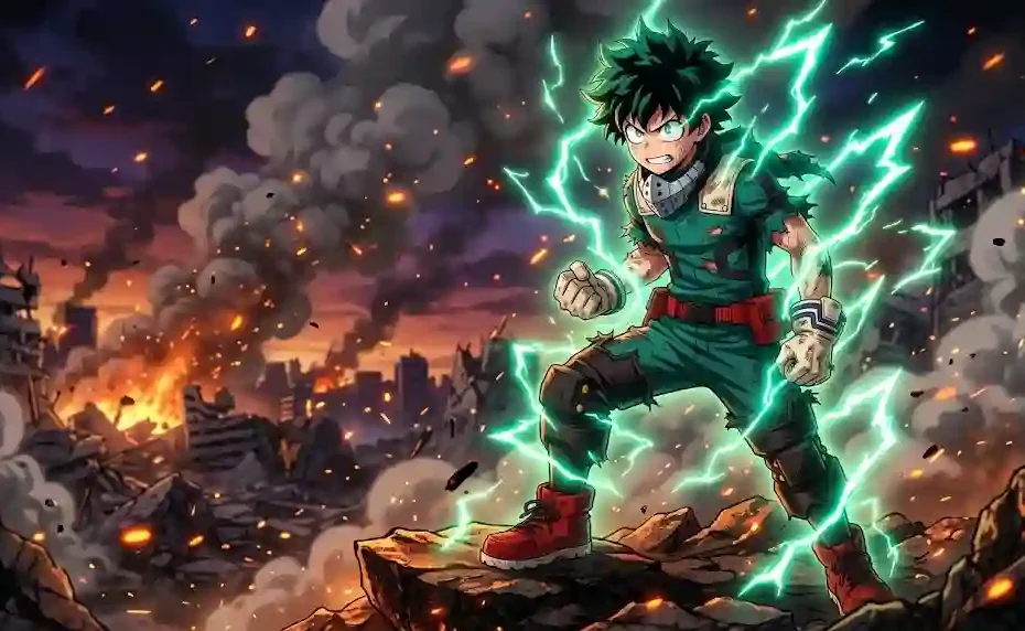 Izuku Midoriya Deku in battle damaged green suit surrounded by green One For All lightning and embers