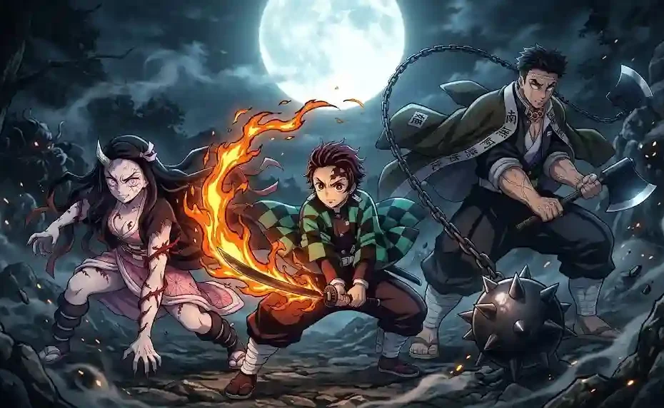 16:9 cinematic anime illustration featuring Tanjiro Kamado with Sun Breathing flames, Gyomei Himejima with spiked flail and axe, and Awakened Nezuko in a night battle under a full moon.