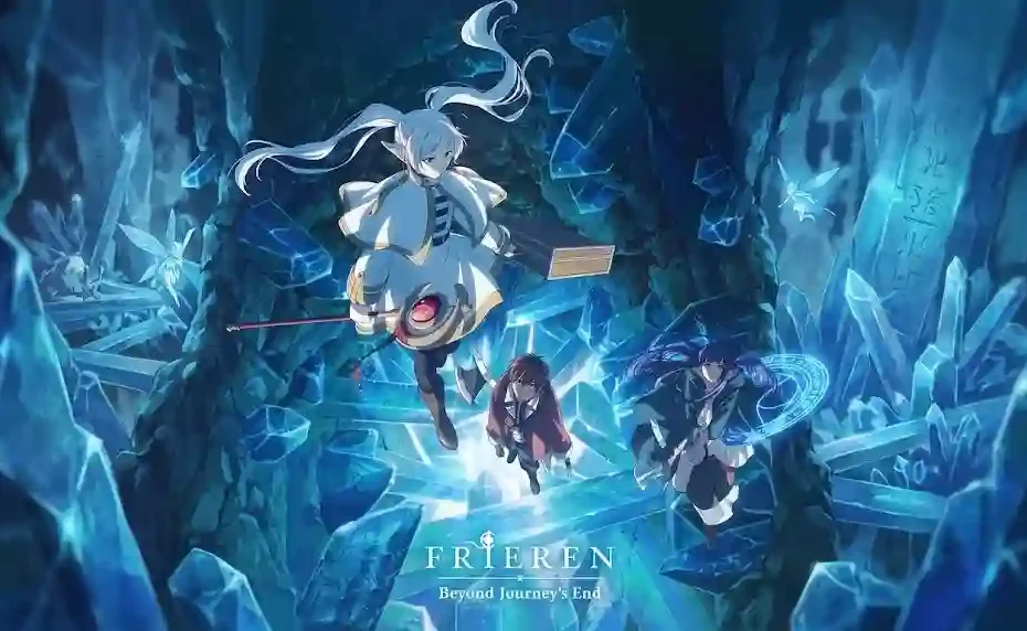 An official anime artwork from Frieren: Beyond Journey's End featuring Frieren with white hair holding a staff, Fern casting magic, and Stark with an axe, navigating a dark cave filled with glowing blue crystals.