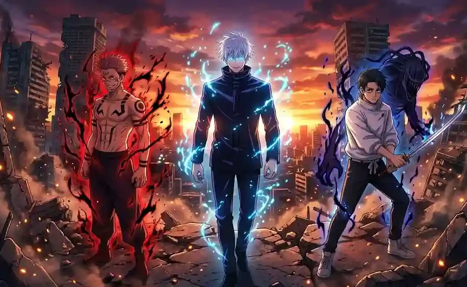 Cinematic 16:9 anime illustration of Satoru Gojo with glowing blue eyes standing between Ryomen Sukuna and Yuta Okkotsu holding a katana on an urban battlefield at sunset.